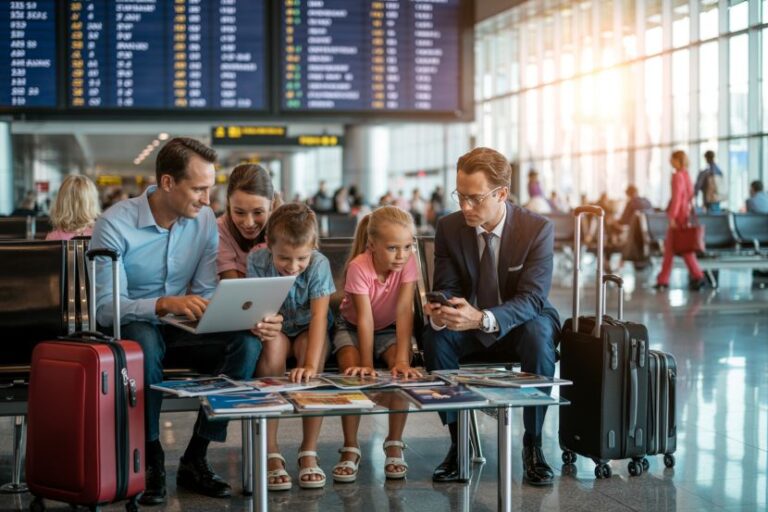 Family of four at an airport gate, kids looking at a tablet and a smartphone while parents supervise; suitcases nearby and a flight information board in the background.