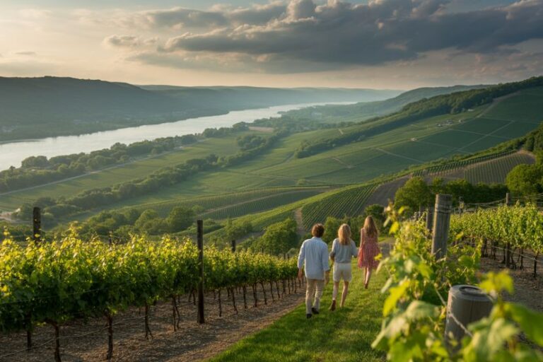 Three children walk down a vineyard path on a hillside as a river and rolling hills glow in sunset light aorund them?