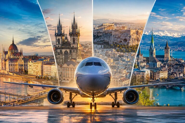 Front view of a passenger jet on a runway, with four angled panels showing iconic European city skylines behind it at sunset/glow, suggesting travel.