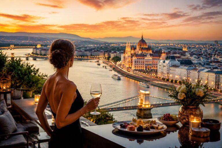 Woman in a black dress on a rooftop terrace holding a wine glass, gazing at a sunset-lit city over a river with a illuminated bridge and distant hills.