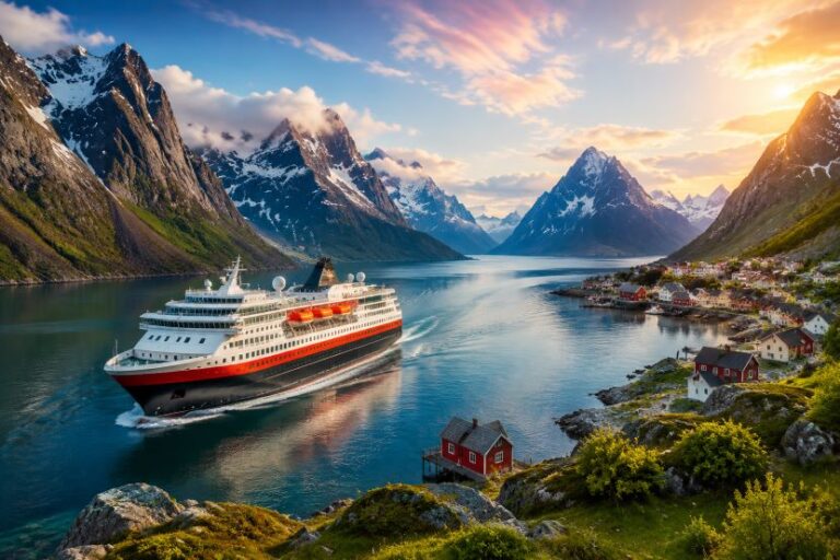 Cruise ship sails through a calm fjord with snow-capped mountains and a colorful village on the shore at sunset