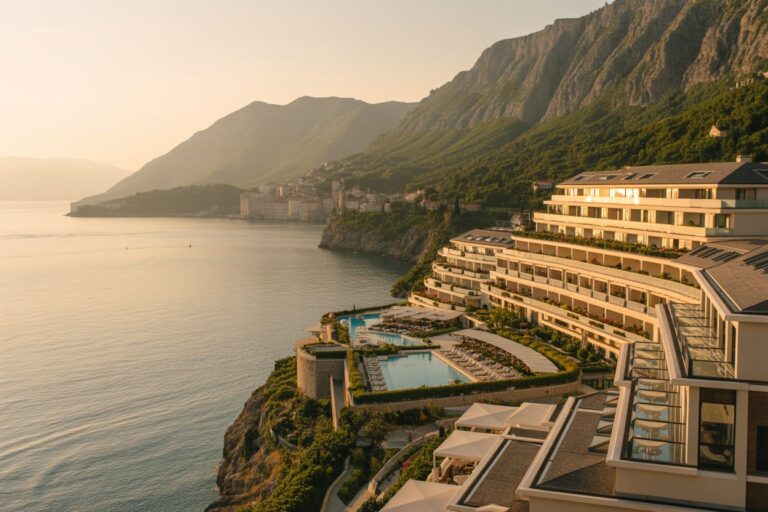 Sunset view of a luxury cliffside hotel with terraced pools overlooking calm sea.