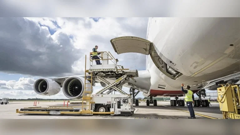 Ground crew on a scissor lift and ground vehicle inspect a large cargo aircraft’s wing and cargo door on the tarmac.