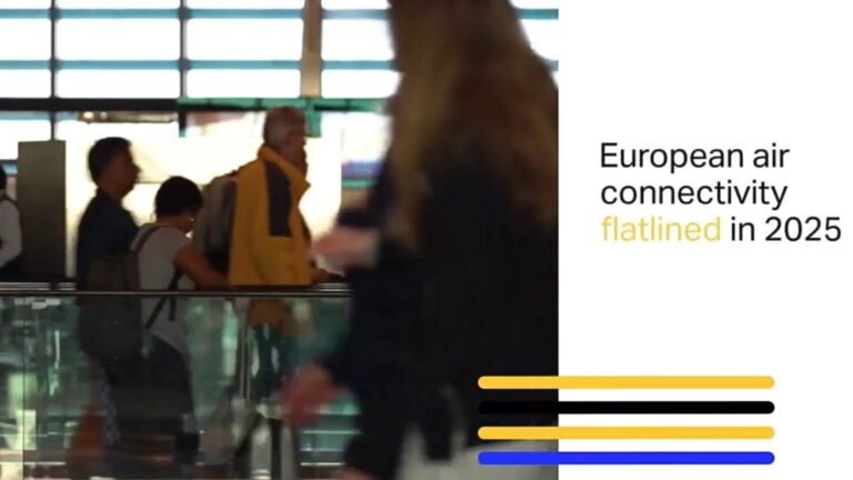 Infographic banner showing the message 'European air connectivity flatlined in 2025' with yellow, black, and blue bars, background of blurred travelers in an airport.