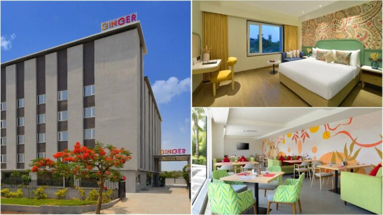 Collage of a Ginger hotel: exterior building with sign, a bright hotel room with a large bed, and a colorful dining area with murals and green chairs.