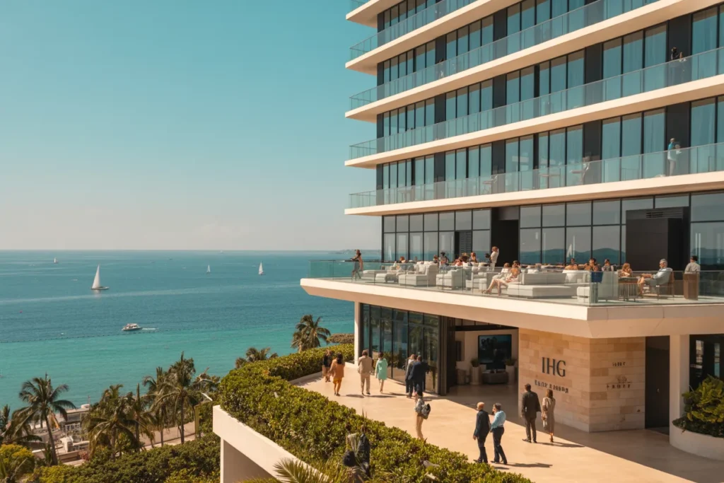 Beachfront glass-walled building with multiple levels and outdoor terraces filled with people overlooking a turquoise ocean and palm trees below.