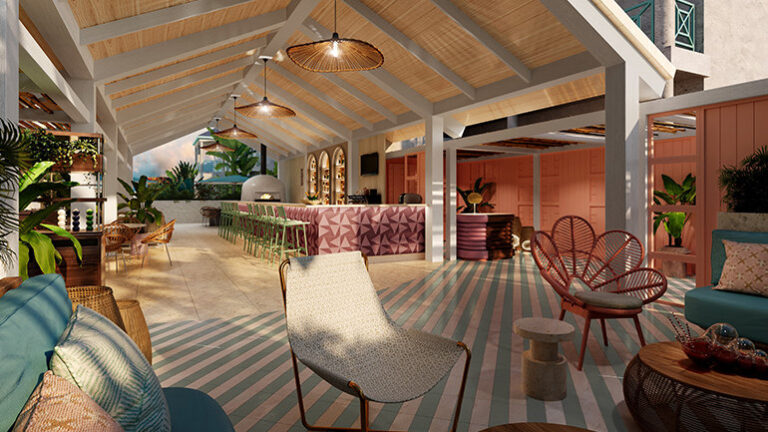Open-air resort lounge with a pink geometric bar, high stools, woven chairs, and tropical plants.