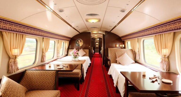 Luxurious train sleeper car with twin beds, cushions, wood tables, cream curtains, and a red carpet down the aisle.