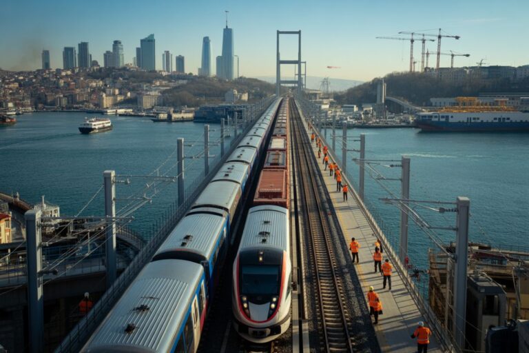 High-speed train on a long bridge over water, with workers in orange vests on the platform and a distant city skyline behind them.
