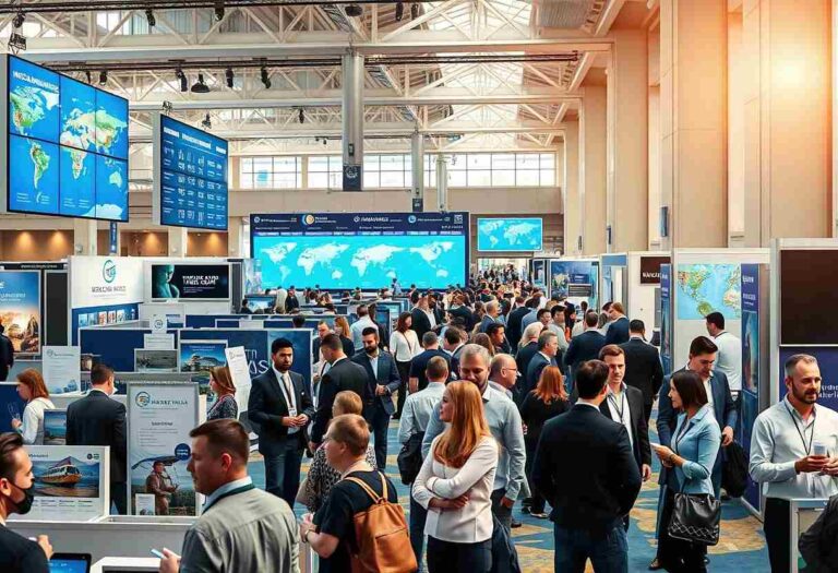 Trade show hall filled with attendees walking between rows of exhibitor booths and large digital displays in the background.