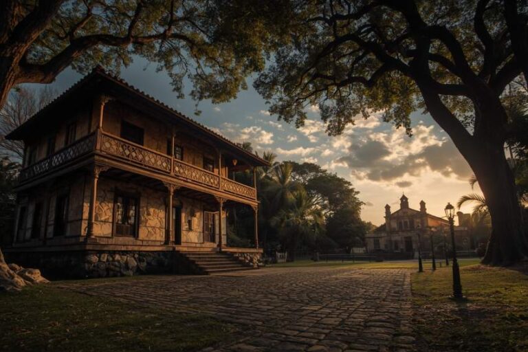 Two-story stone house with a wraparound porch on a cobblestone path at sunset, surrounded by trees and greenery.