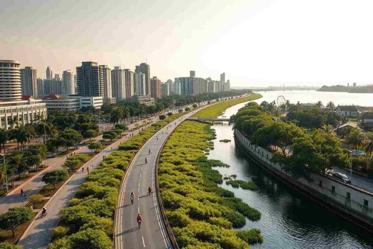 Aerial view of a city waterfront with a curving bike lane, runners and cyclists, and a river on the right lined by greenery and tall buildings in the distance.