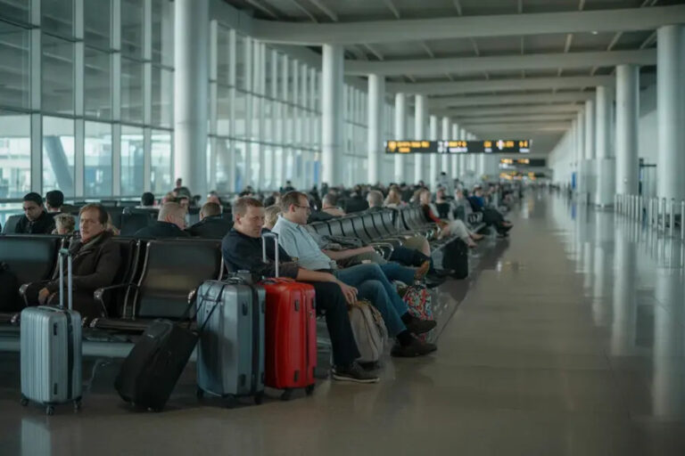 Passengers sit in an airport terminal waiting area with rolling suitcases lined up beside seats and a long, bright corridor ahead.