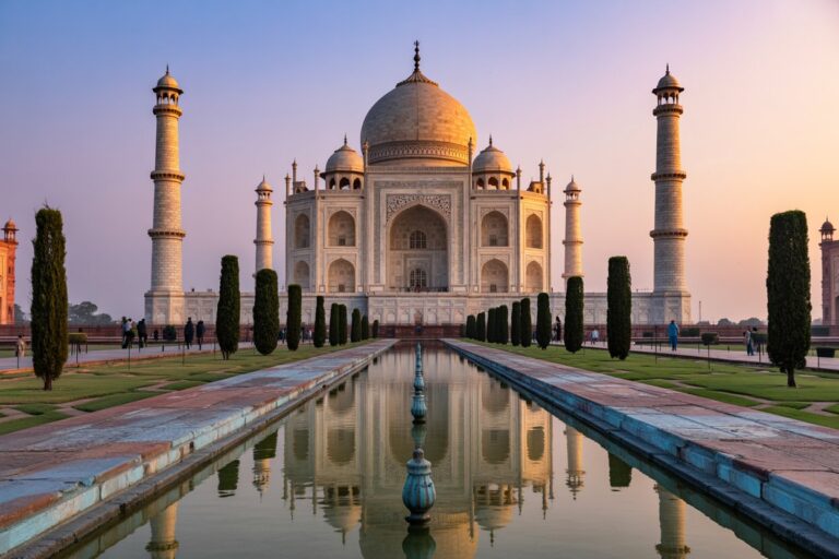 Taj Mahal with central dome and four minarets, reflected in the long pool at sunrise in a formal garden setting.