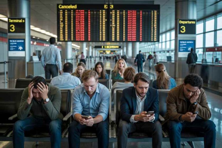 Busy airport terminal with a large flight information board overhead and travelers waiting in chairs.