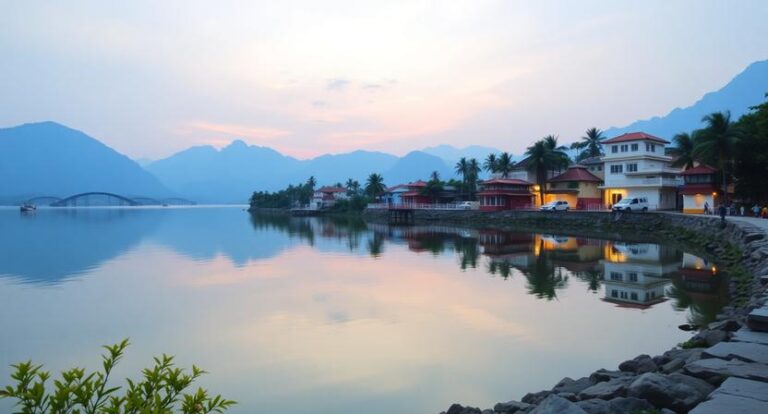 Calm lake at sunset with pastel sky, palm-lined waterfront and red-roofed buildings reflecting in the water.