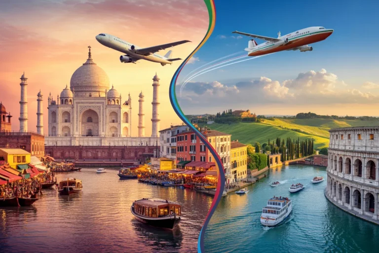 Split travel collage: the Taj Mahal at sunset with boats on a canal and a plane flying overhead on the left, and a scenic Italian river valley with boats and historic buildings on the right.