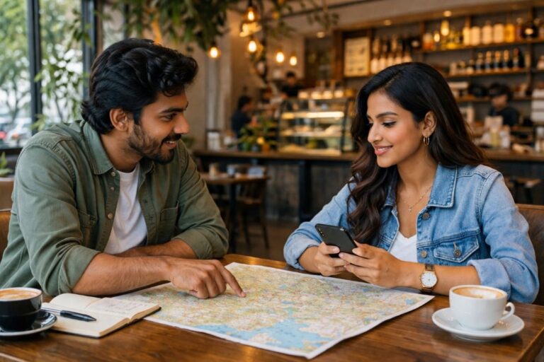 Two friends at a cafe table study a large map, with one pointing while the other holds a smartphone and smiles.