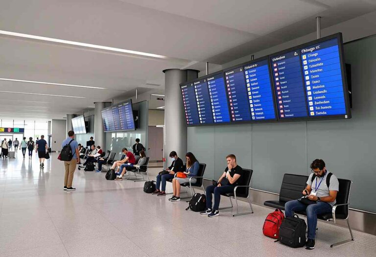 Airport gate area with travelers seated and luggage, as large blue flight information boards hang overhead in a modern terminal.