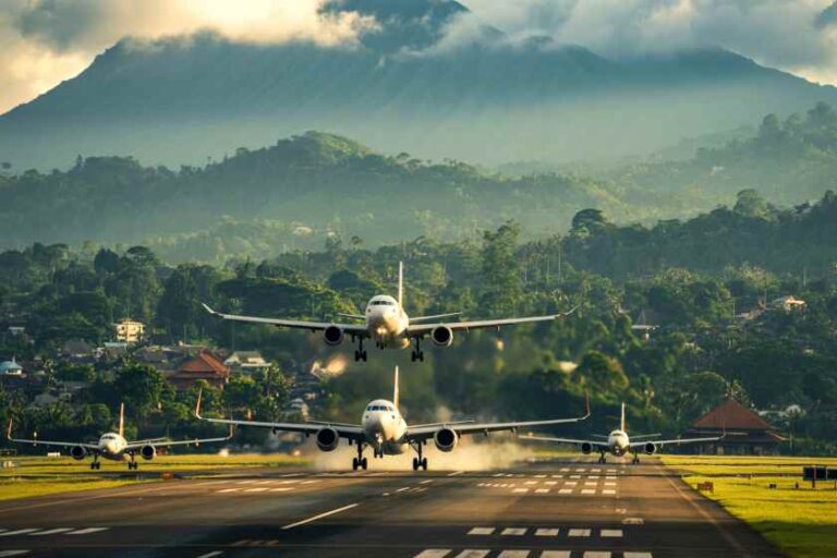 Several airplanes on a runway in a lush, green landscape with misty mountains in the background. A plane is mid-takeoff while others taxi on the tarmac.