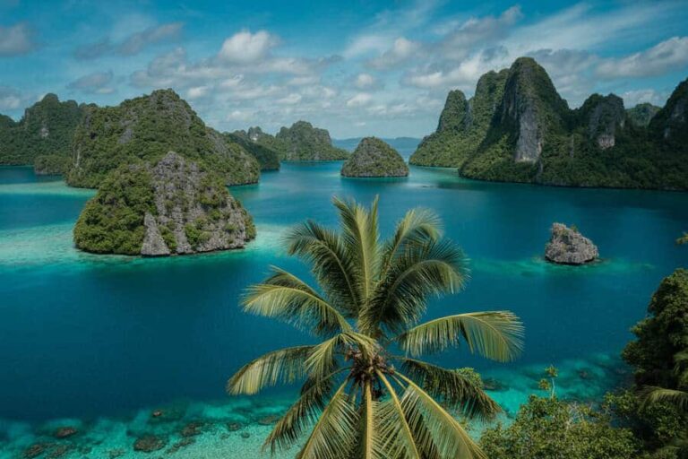Tropical lagoon with turquoise water and limestone islands; a palm tree in the foreground.