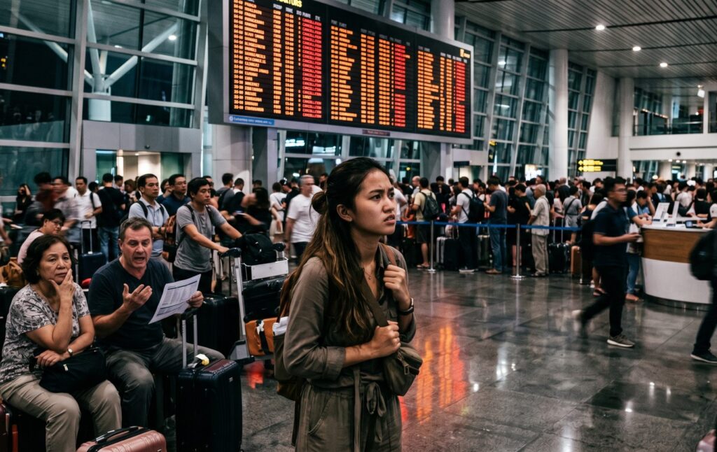 A crowded airport terminal with travelers and luggage, and a woman in the foreground looking worried as she waits for departure.