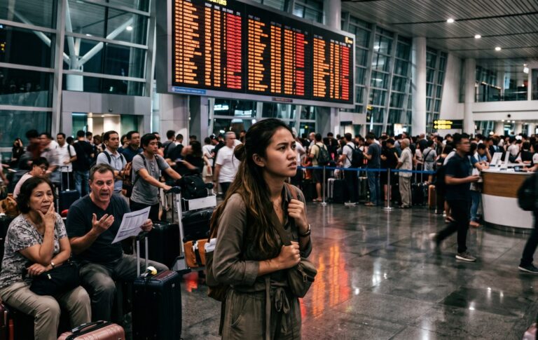 A crowded airport terminal with travelers and luggage, and a woman in the foreground looking worried as she waits for departure.