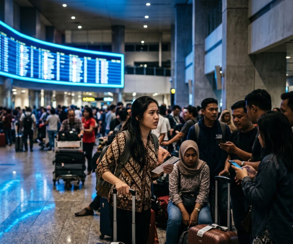 Busy airport terminal with a woman in a patterned top holding tickets and a rolling suitcase, surrounded by travelers.