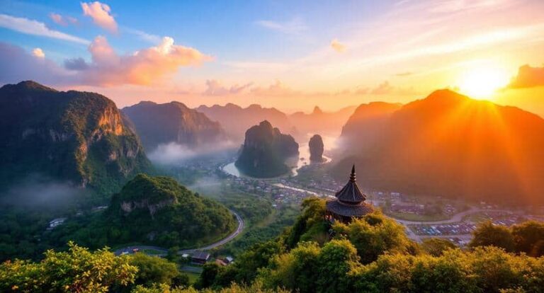 Sunrise over karst mountains with a pagoda on a hill and a misty valley below, bathed in warm orange light.