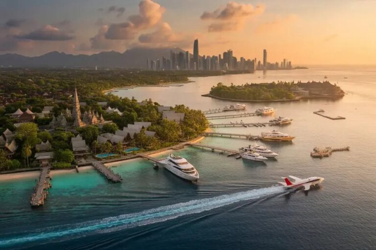 A tropical island resort with overwater bungalows, lush greenery, and a marina of luxury yachts at sunset with a city skyline in the distance.