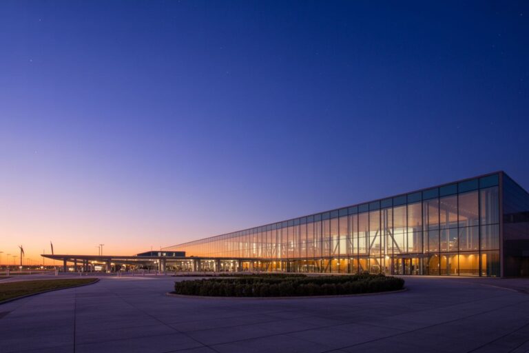 Glass-walled modern building at dusk, warm interior lights glowing through transparent walls, with a curved driveway in the foreground.