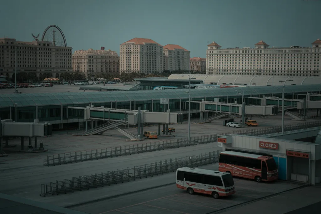 Wide view of a modern airport terminal with glass jet bridges, empty tarmac, and two orange-and-white buses near a closed entrance signified by a 'CLOSED' door panel in the foreground.