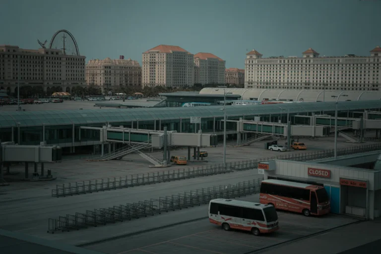 Wide view of a modern airport terminal with glass jet bridges, empty tarmac, and two orange-and-white buses near a closed entrance signified by a 'CLOSED' door panel in the foreground.
