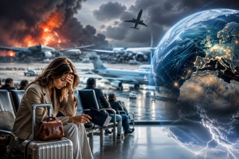 An anxious woman sits at an airport gate, clutching a passport beside a silver suitcase while burning airplanes and a glowing Earth loom in the background.