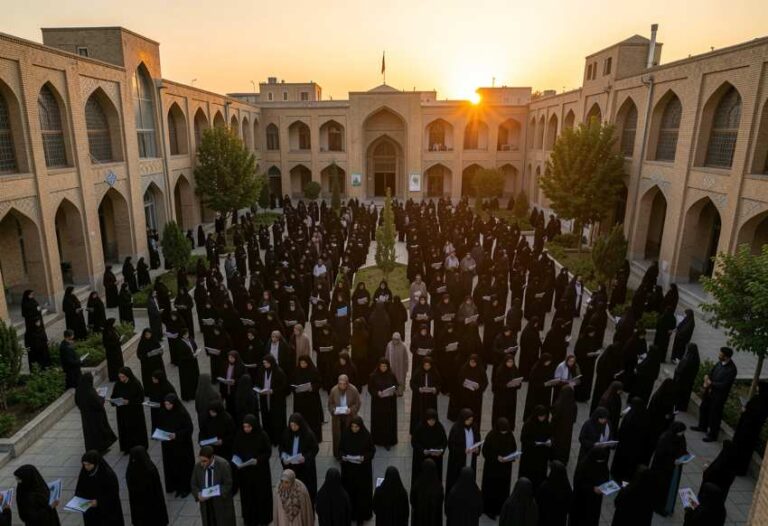 Large group of women in black hijabs standing in a brick courtyard, holding papers during sunset.