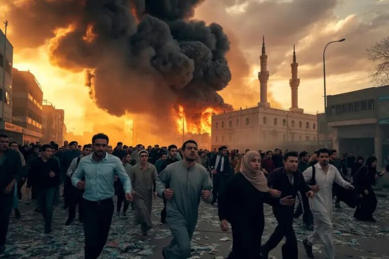 Crowd of people running away from a large blaze and thick black smoke near a mosque at sunset in a city street.
