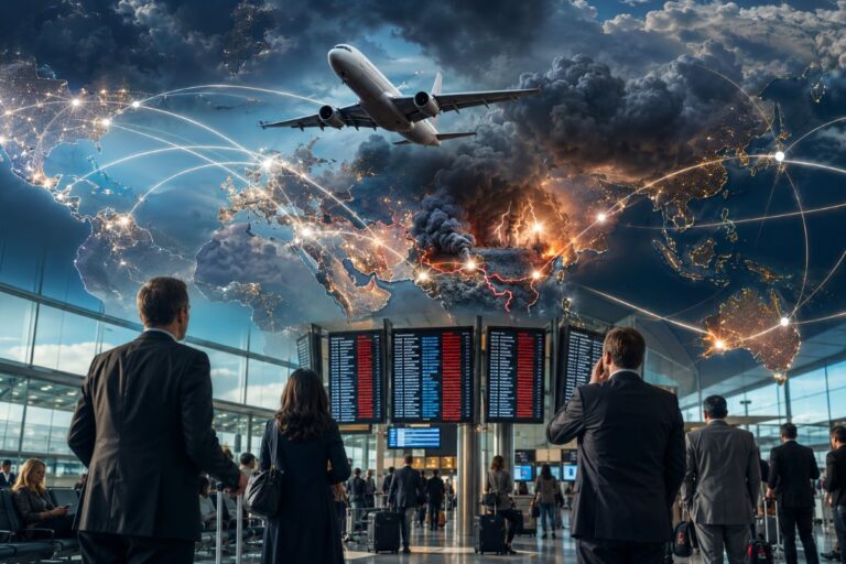 Busy airport terminal with passengers and flight information boards; above, a dramatic global map with glowing routes and an airplane flying overhead, symbolizing international air travel and connectivity.