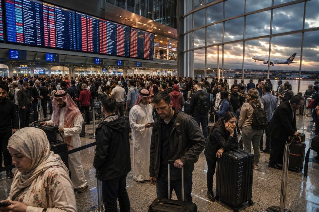 Busy airport terminal with a long queue of travelers and luggage under a large overhead flight info boards.