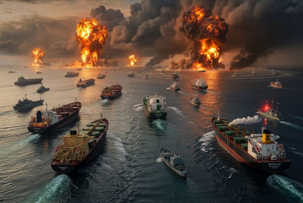 Fleet of cargo and tanker ships at sea as large explosions erupt on the horizon with thick smoke behind them.