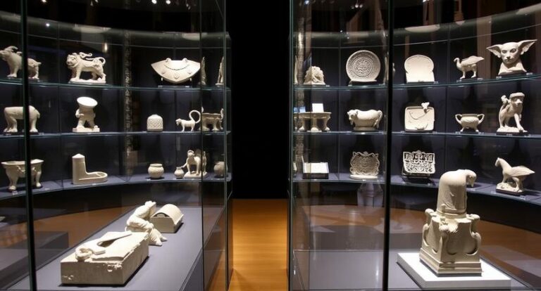 Museum display of white ceramic artifacts and sculptures in glass cases along curved walls, with a wooden floor.