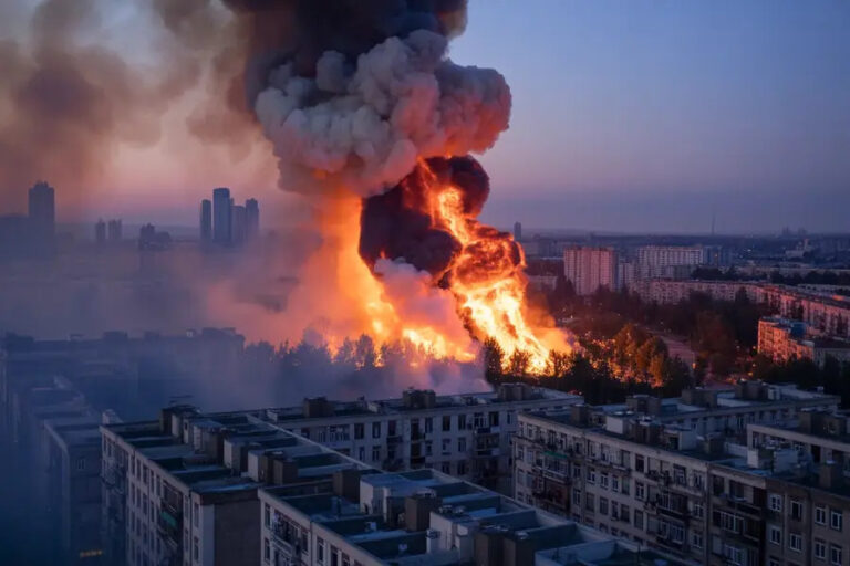 Large fire engulfing a building in a city, with thick black smoke rising over apartment blocks at dusk.