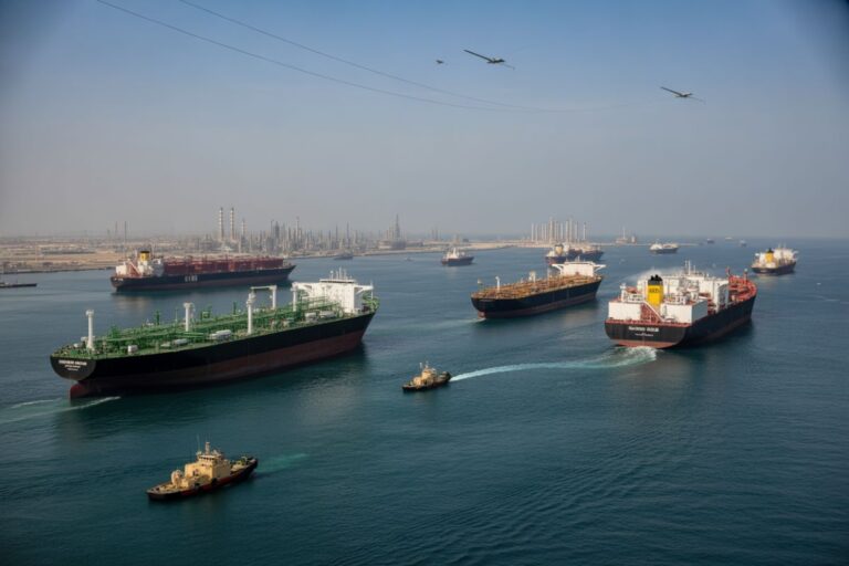 Aerial view of a busy port with several large oil/tanker ships and a distant industrial skyline.
