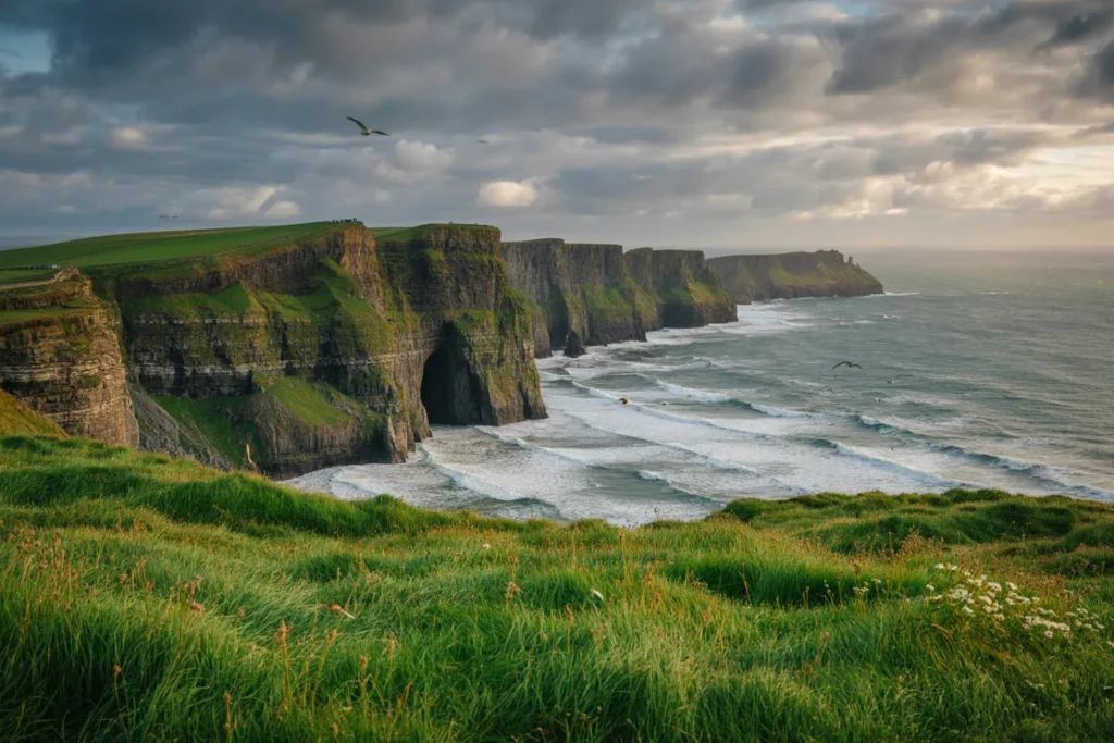 Green cliff coastline with a sea cave carved into dark rock, waves crashing below under a cloudy sky.