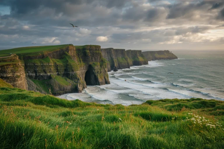 Green cliff coastline with a sea cave carved into dark rock, waves crashing below under a cloudy sky.