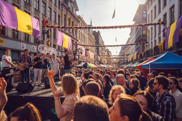 Crowd at an outdoor street festival with a live band on stage, colorful bunting overhead and vendor tents along the street.