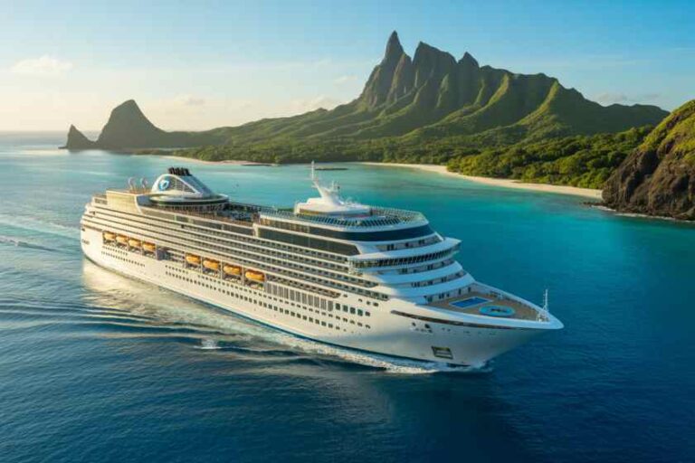 Large white cruise ship sailing near a tropical island with green mountains and a sandy beach in the background? turquoise water beneath the ship.