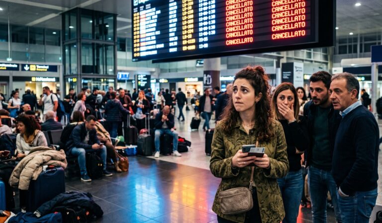 Crowded airport terminal with travelers and luggage; foreground woman in a green camo jacket holds a passport and phone under a flight board showing 'CANCELLED'.