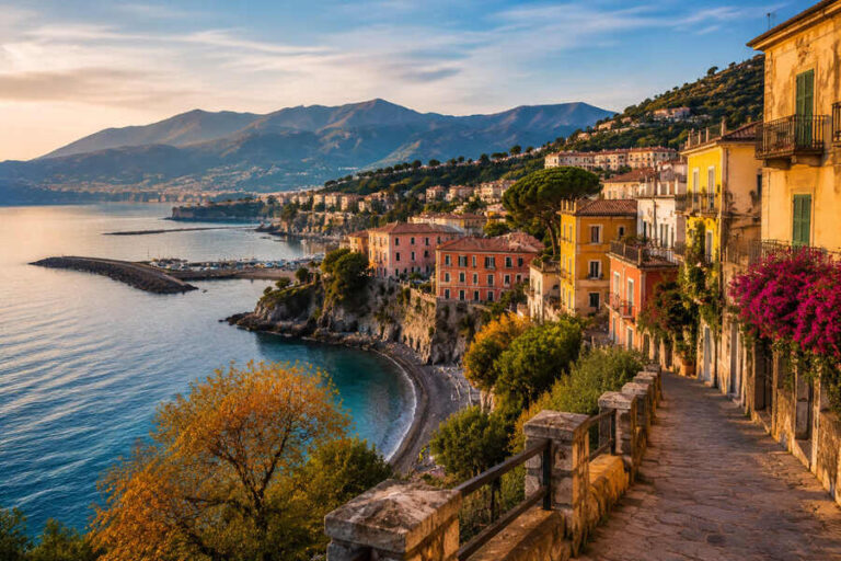 Sunlit coastal village with colorful houses climbing a cliff, overlooking calm blue water and a distant mountain range at sunset.