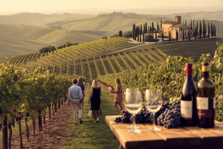 Golden-hour vineyard scene with a group walking between rows of grapevines toward a villa on a hill, wine bottles and glasses on a table in the foreground.
