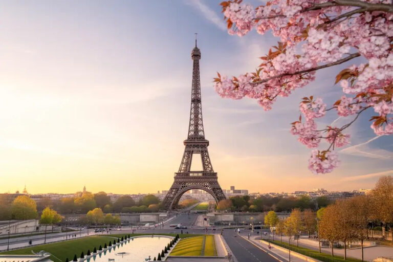 Eiffel Tower framed by blooming cherry blossoms at sunset over a Paris park area.